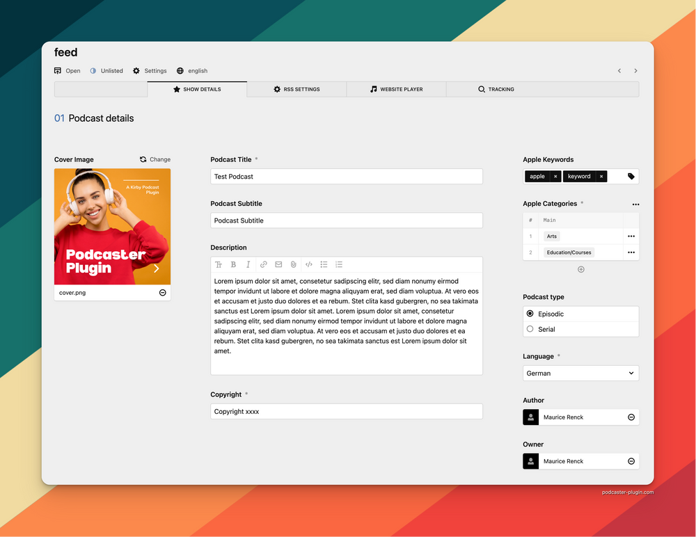 Screenshot with podcast details in the kirby panel